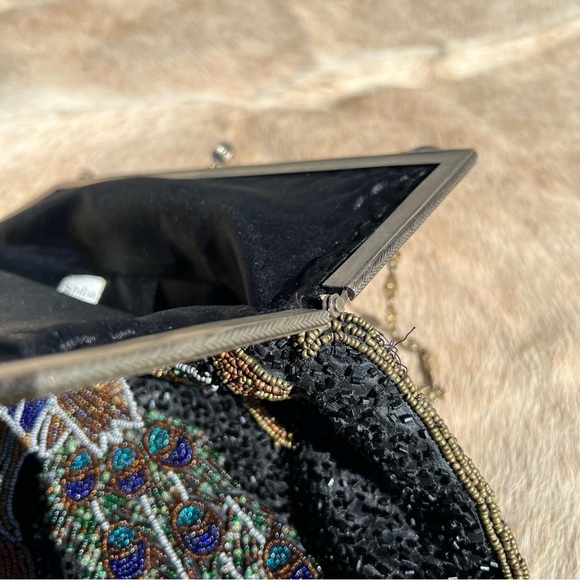 Antique Vintage Art Deco Large Beaded Sequin Peacock Long Chain Shoulder Bag - Picture 6 of 13